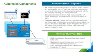 Kubernetes Components
• API server: Target for all operations to the data model. External
API clients like the K8s CLI client, the dashboard Web-Service,
as well as all external and internal components interact with the
API server by ’watching’ and ‘setting’ resources
• Scheduler: Monitors Container (Pod) resources on the API
Server, and assigns Worker Nodes to run the Pods based on
filters
• Controller Manager: Embeds the core control loops shipped
with Kubernetes. In Kubernetes, a controller is a control loop that
watches the shared state of the cluster through the API Server
and makes changes attempting to move the current state
towards the desired state
Kubernetes Master Component
• Etcd: Is used as the distributed key-value store of
Kubernetes
• Watching: In etcd and Kubernetes everything is
centered around ‘watching’ resources.
Every resource can be watched in K8s on etcd
through the API Server
Distributed Key-Value Store
K8s master
K8s master
K8s
Master
Controller
Manager
K8s API
Server
> _
Kubectl
CLI
Key-Value
Store
dashboard
Scheduler
 
