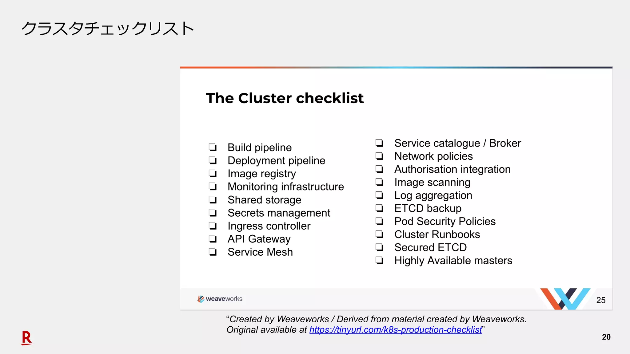 20
クラスタチェックリスト
“Created by Weaveworks / Derived from material created by Weaveworks.
Original available at https://tinyurl.com/k8s-production-checklist”
 