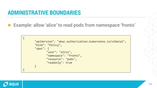 11
ADMINISTRATIVE BOUNDARIES
 Example: allow ‘alice’ to read pods from namespace ‘fronto’
{
"apiVersion": "abac.authorization.kubernetes.io/v1beta1",
"kind": "Policy",
"spec": {
"user": "alice",
"namespace": "fronto",
"resource": "pods",
"readonly": true
}
}
 