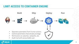 8
LIMIT ACCESS TO CONTAINER ENGINE

• Separate automation from human actions
• Control parameters that elevate privilege
• Permissions on volumes, networks, etc.
• Audit trail with accountable user
Build DeployShip
 
Run
 