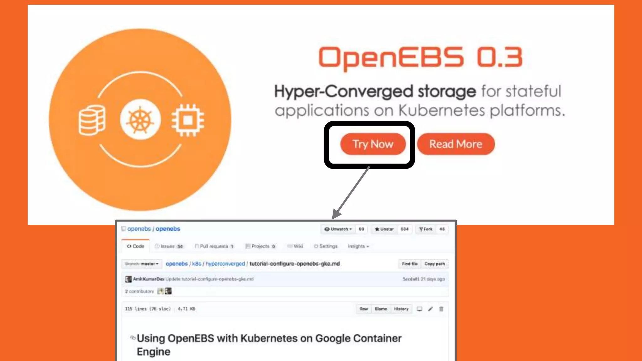 Cluster Admin - Enabling OpenEBS on K8s
K8s master K8s minions
Step 1: Use can existing K8s Cluster or Launch a new Cluster
(locally or in your fav cloud provider or use stackpoint.io to
create a cluster.)
Step 2: Configure OpenEBS on K8s.
kubectl apply -f openebs-operator.yaml
Step 3: Configure or Customize OpenEBS
kubectl apply -f openebs-config.yaml
kubectl apply -f openebs-storageclasses.yaml
https://github.com/openebs/openebs/tree/master/k8s
 