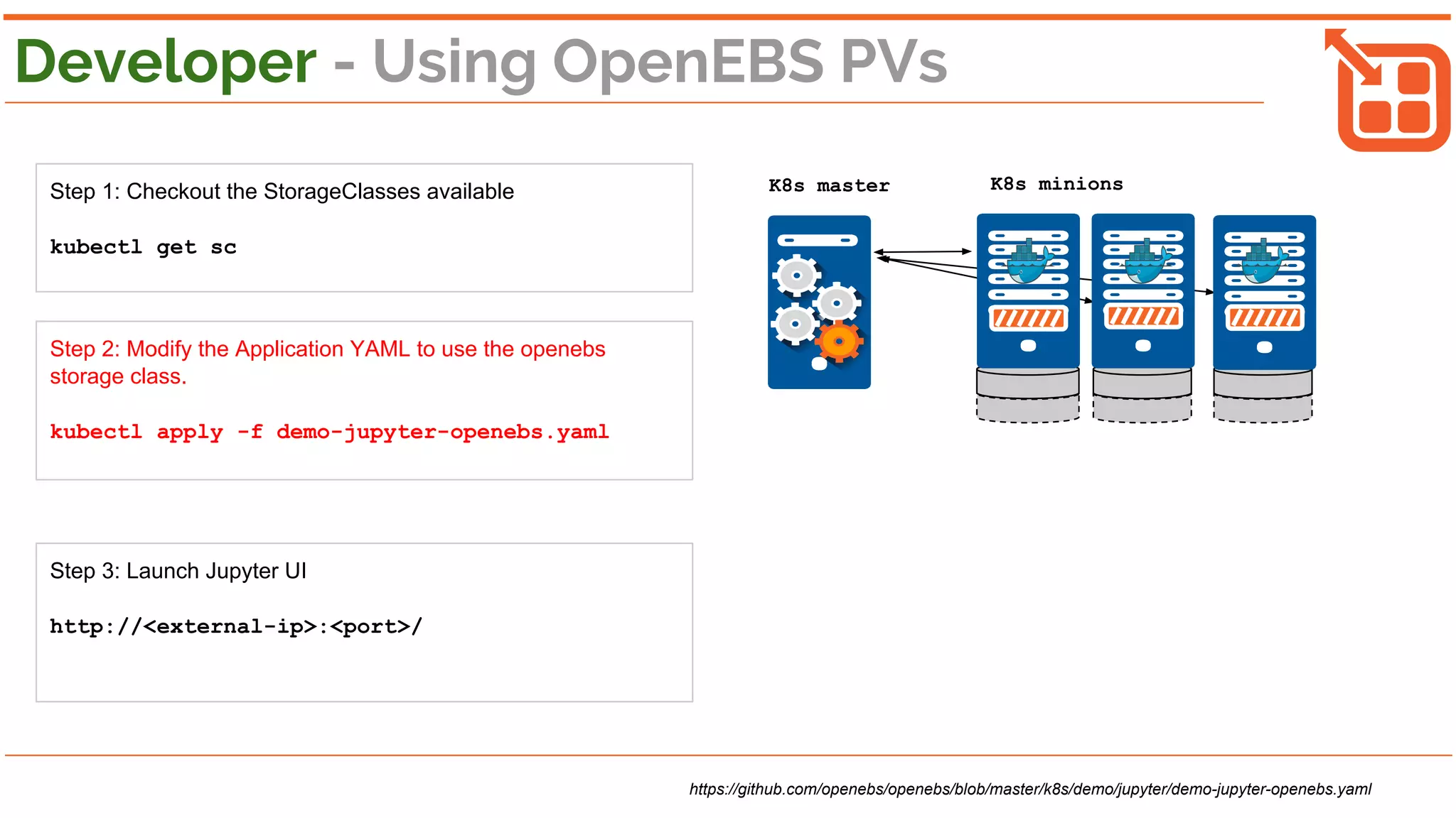 Developer - Using OpenEBS PVs
Step 1: Checkout the StorageClasses available
kubectl get sc
Step 2: Modify the Application YAML to use the openebs
storage class.
kubectl apply -f demo-jupyter-openebs.yaml
https://github.com/openebs/openebs/blob/master/k8s/demo/jupyter/demo-jupyter-openebs.yaml
K8s master K8s minions
Step 3: Launch Jupyter UI
http://<external-ip>:<port>/
 