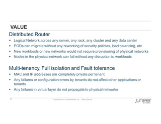 8 Copyright  ©  2014  Juniper  Networks,  Inc.          www.juniper.net  
VALUE
Distributed  Router
§ Logical  Network  across  any  server,  any  rack,  any  cluster  and  any  data  center
§ PODs  can  migrate  without  any  reworking  of  security  policies,  load  balancing,  etc
§ New  workloads  or  new  networks  would  not  require  provisioning  of  physical  networks
§ Nodes  in  the  physical  network  can  fail  without  any  disruption  to  workloads
Multi-­tenancy,  Full  isolation  and  Fault  tolerance
§ MAC  and  IP  addresses  are  completely  private  per  tenant  
§ Any  failures  or  configuration  errors  by  tenants  do  not  affect  other  applications  or  
tenants
§ Any  failures  in  virtual  layer  do  not  propagate  to  physical  networks
 