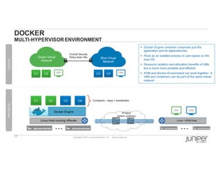 17 Copyright  ©  2014  Juniper  Networks,  Inc.          www.juniper.net  
DOCKER
MULTI-­HYPERVISOR  ENVIRONMENT
 