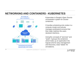 19 Copyright  ©  2014  Juniper  Networks,  Inc.          www.juniper.net  
NETWORKING  AND  CONTAINERS  -­ KUBERNETES
Kubernetes is  Google’s  Open  Source  
orchestration  system  for  Docker
containers.
It  handles  scheduling  onto  nodes  in  a  
compute  cluster  and  actively  
manages  workloads  to  ensure  that  
their  state  matches  the  users  
declared  intentions.  
Using  the  concepts  of  ”services"  and  
"pods",  it  groups  the  containers  
which  make  up  an  application  into  
logical  units  for  easy  management  
and  discovery.  Uses  “labels”  for  
annotations.  
 