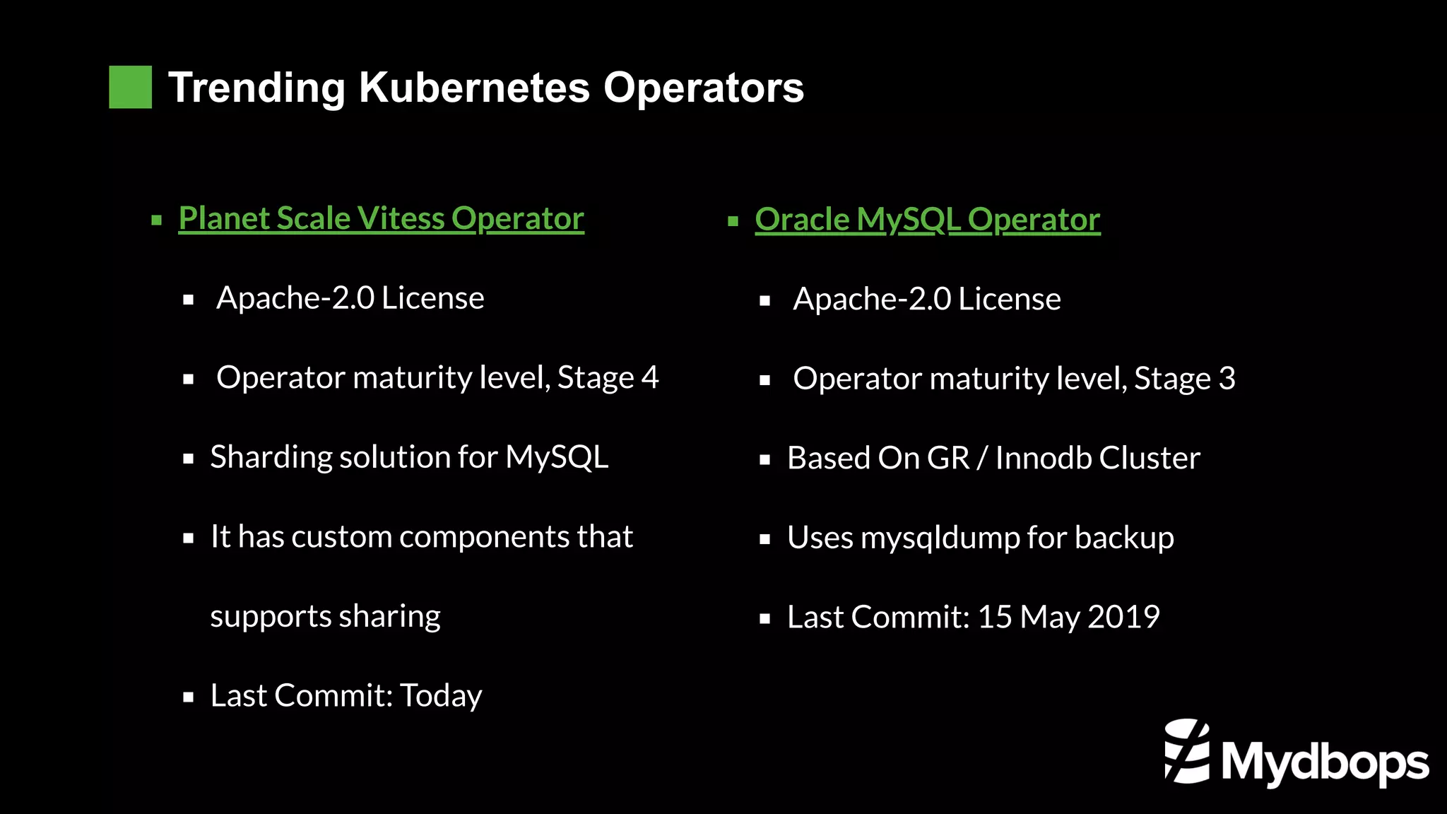 Trending Kubernetes Operators Services (LB) Stateful Sets Operator Maturity PVC / Storage Class Planet Scale Vitess Operator Apache-2.0 License  Operator maturity level, Stage 4 Sharding solution for MySQL It has custom components that supports sharing Last Commit: Today Oracle MySQL Operator Apache-2.0 License  Operator maturity level, Stage 3 Based On GR / Innodb Cluster Uses mysqldump for backup Last Commit: 15 May 2019 