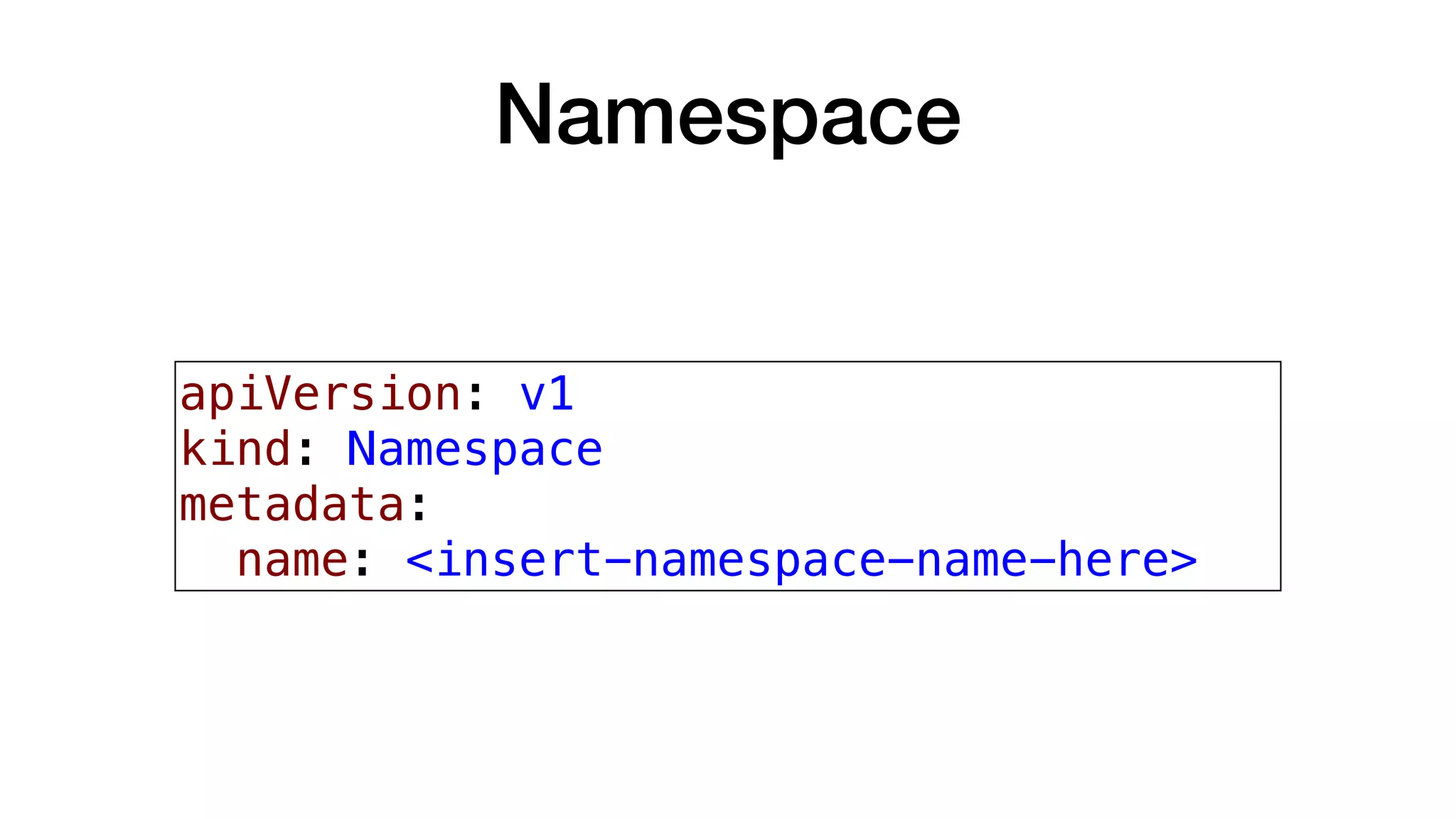 Namespace
apiVersion: v1
kind: Namespace
metadata:
name: <insert-namespace-name-here>
 