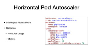 Horizontal Pod Autoscaler
apiVersion: autoscaling/v1
kind: HorizontalPodAutoscaler
metadata:
name: php-apache
namespace: default
spec:
scaleTargetRef:
apiVersion: apps/v1
kind: Deployment
name: php-apache
minReplicas: 1
maxReplicas: 10
targetCPUUtilizationPercentage: 50
• Scales pod replica count

• Based on:

• Resource usage

• Metrics
 