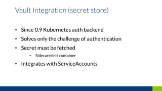 • Since 0.9 Kubernetes auth backend
• Solves only the challenge of authentication
• Secret must be fetched
• Sidecare/init container
• Integrates with ServiceAccounts
Vault Integration (secret store)
 