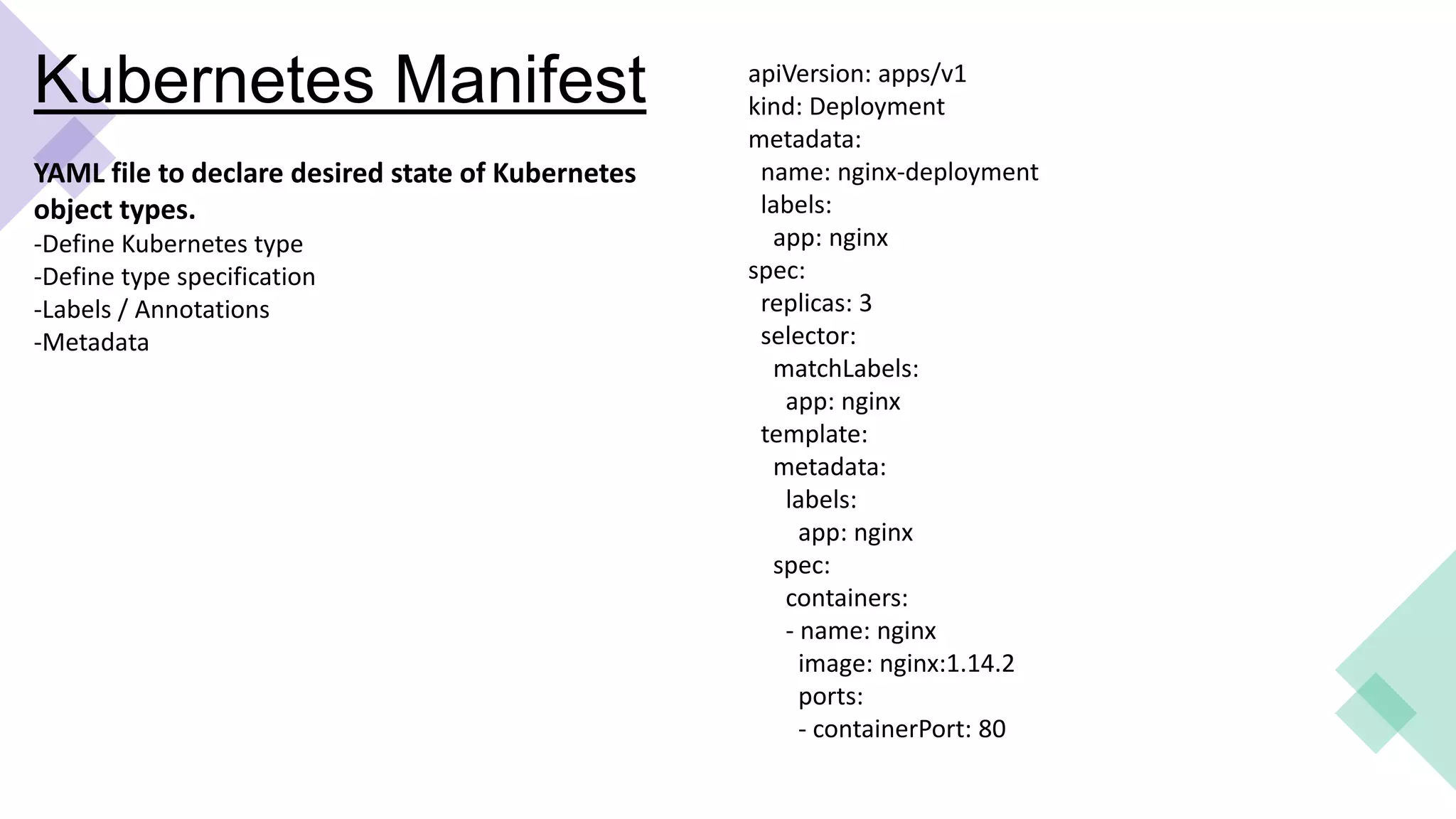 Kubernetes Manifest
YAML file to declare desired state of Kubernetes
object types.
-Define Kubernetes type
-Define type specification
-Labels / Annotations
-Metadata
apiVersion: apps/v1
kind: Deployment
metadata:
name: nginx-deployment
labels:
app: nginx
spec:
replicas: 3
selector:
matchLabels:
app: nginx
template:
metadata:
labels:
app: nginx
spec:
containers:
- name: nginx
image: nginx:1.14.2
ports:
- containerPort: 80
 