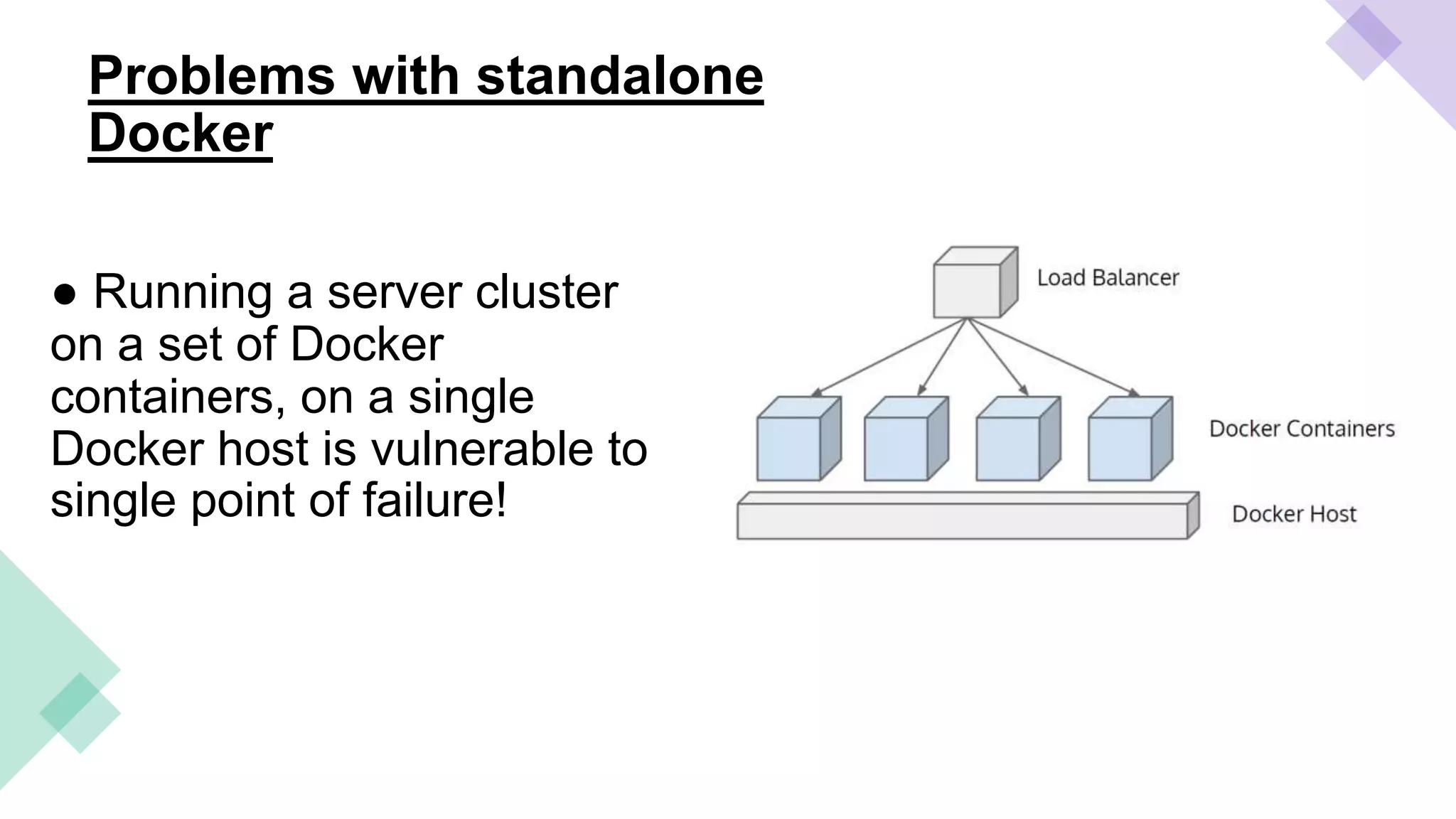Problems with standalone
Docker
● Running a server cluster
on a set of Docker
containers, on a single
Docker host is vulnerable to
single point of failure!
 