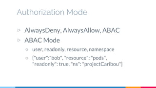 Authorization Mode
▷ AlwaysDeny, AlwaysAllow, ABAC
▷ ABAC Mode
○ user, readonly, resource, namespace
○ {"user":"bob", "res...