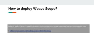 kubectl apply -f https://raw.githubusercontent.com/satyamz/scope-inventory/master/scope-deploy.yaml
# https://www.weave.works/docs/scope/latest/installing/
How to deploy Weave Scope?
 