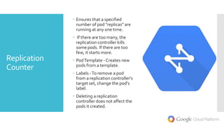 Replication
Counter
 Ensures that a specified
number of pod "replicas" are
running at any one time.
 If there are too many, the
replication controller kills
some pods. If there are too
few, it starts more.
 PodTemplate - Creates new
pods from a template.
 Labels -To remove a pod
from a replication controller's
target set, change the pod's
label.
 Deleting a replication
controller does not affect the
pods it created.
 