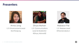© 2020 Cloud Native Computing Foundation
2
Anna Jung
1.21 Enhancements Lead
@antheajung
Presenters
Divya Mohan
1.21 Commun...