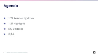 © 2020 Cloud Native Computing Foundation
3
Agenda
★ 1.22 Release Updates
★ 1.21 Highlights
★ SIG Updates
★ Q&A
 