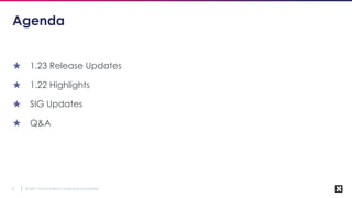 © 2021 Cloud Native Computing Foundation
3
Agenda
★ 1.23 Release Updates
★ 1.22 Highlights
★ SIG Updates
★ Q&A
 