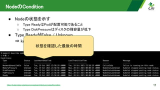 NodeのCondition 
● Nodeの状態を示す 
○ Type ReadyはPodが配置可能であること
 
○ Type DiskPressureはディスクの残容量が低下
 
● Type ReadyがFalse / Unknown 
⇒ kubectlにおいてNotReadyと表示される 
11
https://kubernetes.io/ja/docs/concepts/architecture/nodes/#condition
状態を確認した最後の時間 
 