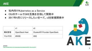 AKE 
● 社内向けKubernetes as a Service 
● CIUのチームでGKE互換を目指して開発中 
● 2017年4月にリリースしたv1をへて、v2を新規開発中 
3
v1 v2
構成管理 OpenStack Heat ClusterAPI Provider OpenStack
マルチDC 非対応 対応
参考資料:
https://speakerdeck.com/masayaaoyama/cabasenext2021-k8s-amsy810
 
