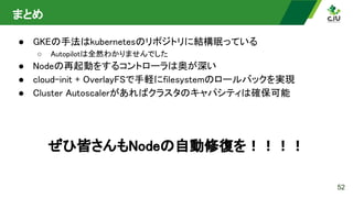 まとめ 
52
● GKEの手法はkubernetesのリポジトリに結構眠っている 
○ Autopilotは全然わかりませんでした
 
● Nodeの再起動をするコントローラは奥が深い 
● cloud-init + OverlayFSで手軽にfilesystemのロールバックを実現 
● Cluster Autoscalerがあればクラスタのキャパシティは確保可能 
ぜひ皆さんもNodeの自動修復を！！！！ 
 