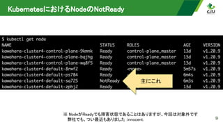 KubernetesにおけるNodeのNotReady 
9
主にこれ 
※ NodeがReadyでも障害状態であることはありますが、今回は対象外です  
　 弊社でも、つい最近もありました :innocent:  
 