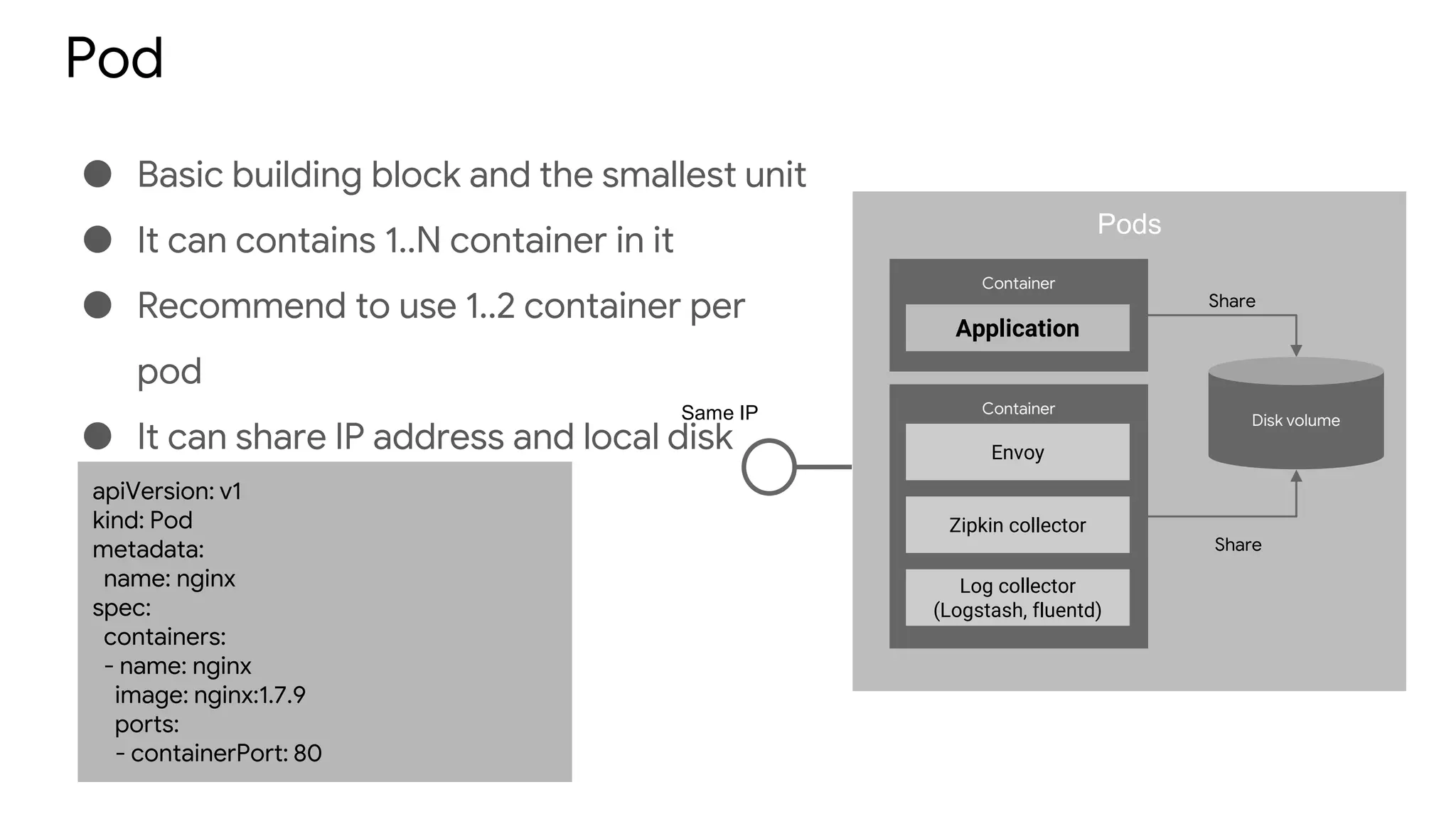 Pod
● Basic building block and the smallest unit
● It can contains 1..N container in it
● Recommend to use 1..2 container per
pod
● It can share IP address and local disk
Pods
Container
Container
Application
Envoy
Zipkin collector
Log collector
(Logstash, fluentd)
Disk volume
Share
Share
Same IP
apiVersion: v1
kind: Pod
metadata:
name: nginx
spec:
containers:
- name: nginx
image: nginx:1.7.9
ports:
- containerPort: 80
 