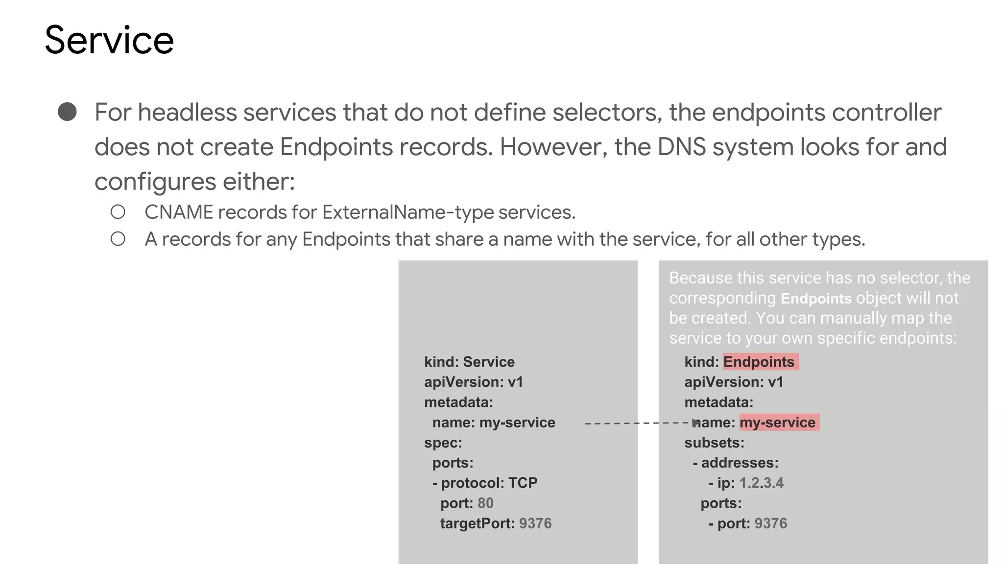 Service
● For headless services that do not define selectors, the endpoints controller
does not create Endpoints records. However, the DNS system looks for and
configures either:
○ CNAME records for ExternalName-type services.
○ A records for any Endpoints that share a name with the service, for all other types.
kind: Service
apiVersion: v1
metadata:
name: my-service
spec:
ports:
- protocol: TCP
port: 80
targetPort: 9376
kind: Endpoints
apiVersion: v1
metadata:
name: my-service
subsets:
- addresses:
- ip: 1.2.3.4
ports:
- port: 9376
Because this service has no selector, the
corresponding Endpoints object will not
be created. You can manually map the
service to your own specific endpoints:
 