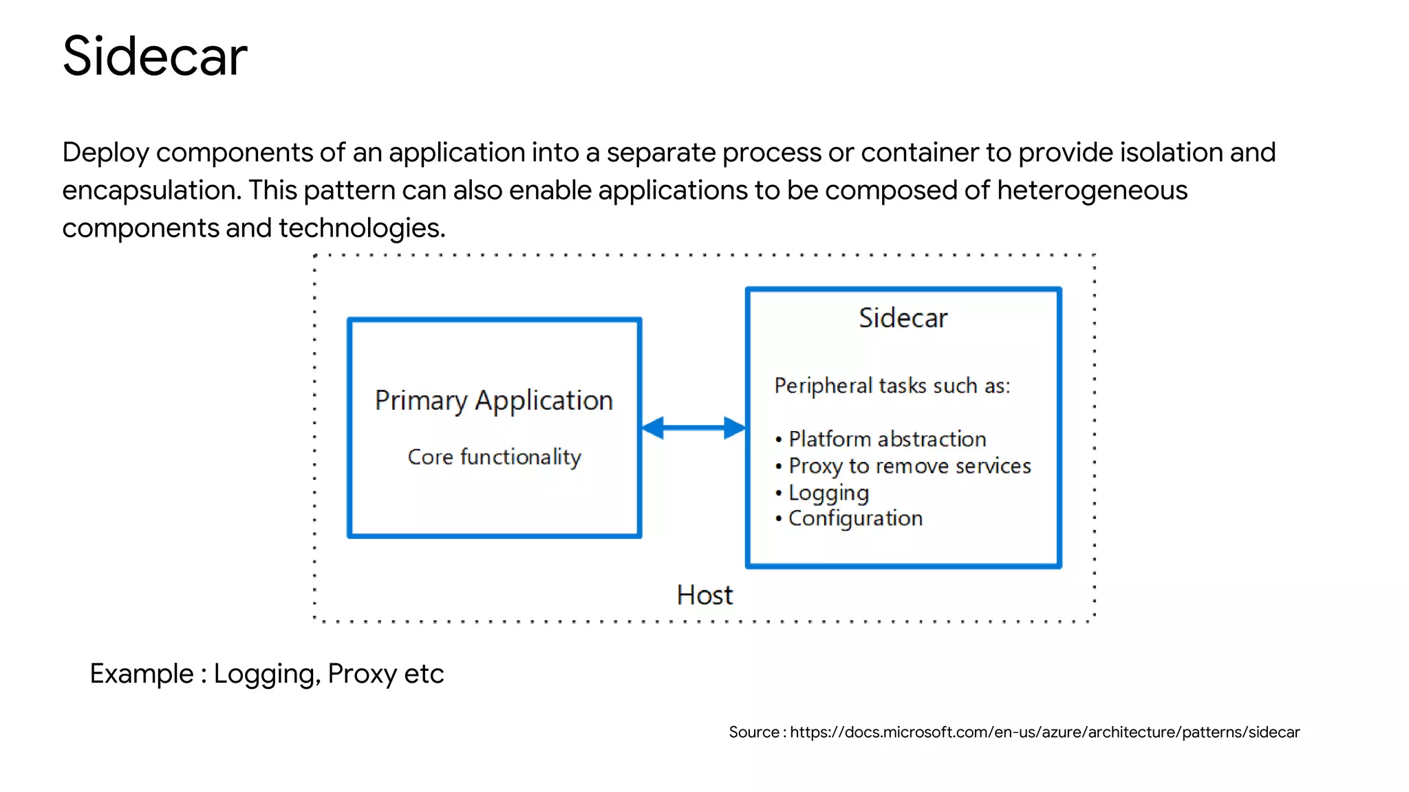 Sidecar
Deploy components of an application into a separate process or container to provide isolation and
encapsulation. This pattern can also enable applications to be composed of heterogeneous
components and technologies.
Source : https://docs.microsoft.com/en-us/azure/architecture/patterns/sidecar
Example : Logging, Proxy etc
 