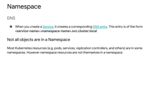Namespace
DNS
● When you create a Service, it creates a corresponding DNS entry. This entry is of the form
<service-name>.<namespace-name>.svc.cluster.local
Not all objects are in a Namespace
Most Kubernetes resources (e.g. pods, services, replication controllers, and others) are in some
namespaces. However namespace resources are not themselves in a namespace
 