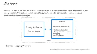 Sidecar
Deploy components of an application into a separate process or container to provide isolation and
encapsulation. This pattern can also enable applications to be composed of heterogeneous
components and technologies.
Source : https://docs.microsoft.com/en-us/azure/architecture/patterns/sidecar
Example : Logging, Proxy etc
 