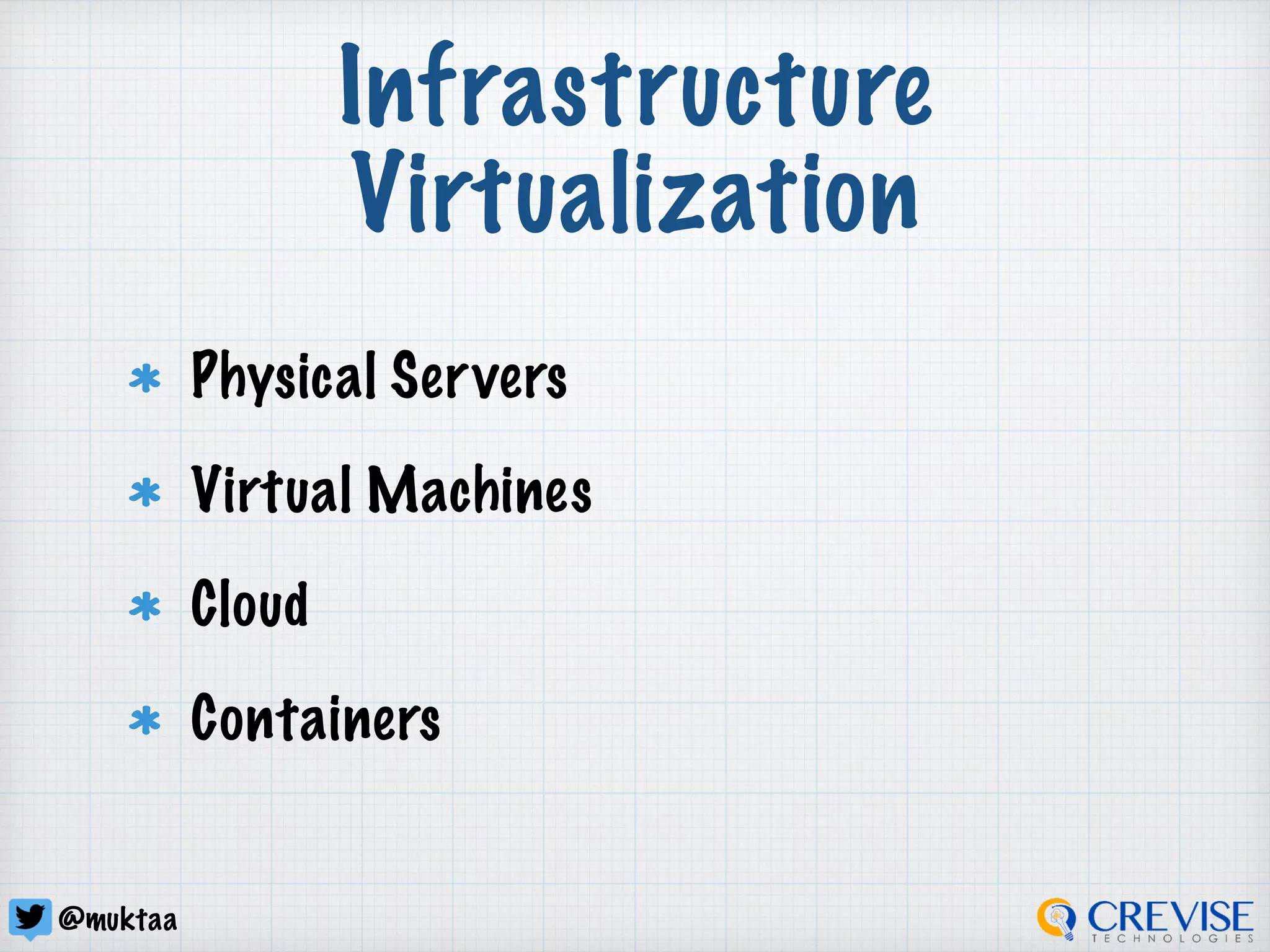 @muktaa
Infrastructure
Virtualization
Physical Servers
Virtual Machines
Cloud
Containers
 
