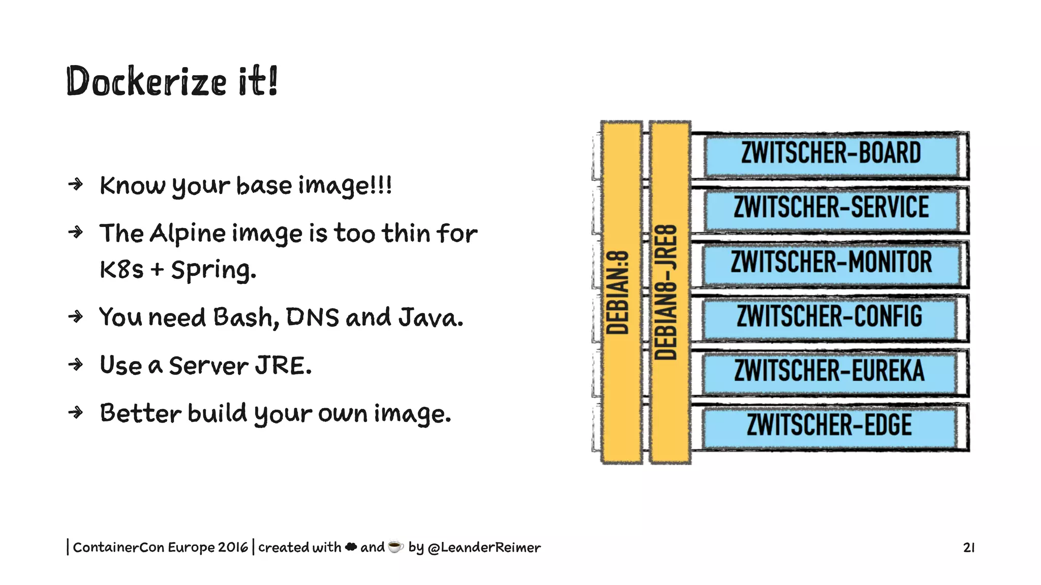 Dockerize it!
4 Know your base image!!!
4 The Alpine image is too thin for
K8s + Spring.
4 You need Bash, DNS and Java.
4 Use a Server JRE.
4 Better build your own image.
| ContainerCon Europe 2016 | created with ☁ and ☕ by @LeanderReimer 21
 