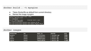 docker build . -t mynginx
● Takes Dockerfile as default from current directory
● Names the image mynginx
docker images
 