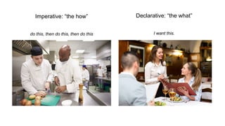 Imperative: “the how”
do this, then do this, then do this
Declarative: “the what”
I want this.
 