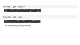 kubectl get deploy
kubectl get pods
k8s automatically created pod names.
 