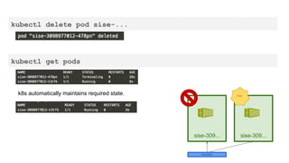 kubectl delete pod sise-...
kubectl get pods
k8s automatically maintains required state.
Kubelet
sise-309... sise-309...
new
 