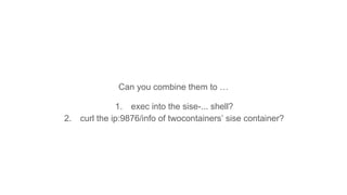 Can you combine them to …
1. exec into the sise-... shell?
2. curl the ip:9876/info of twocontainers’ sise container?
 