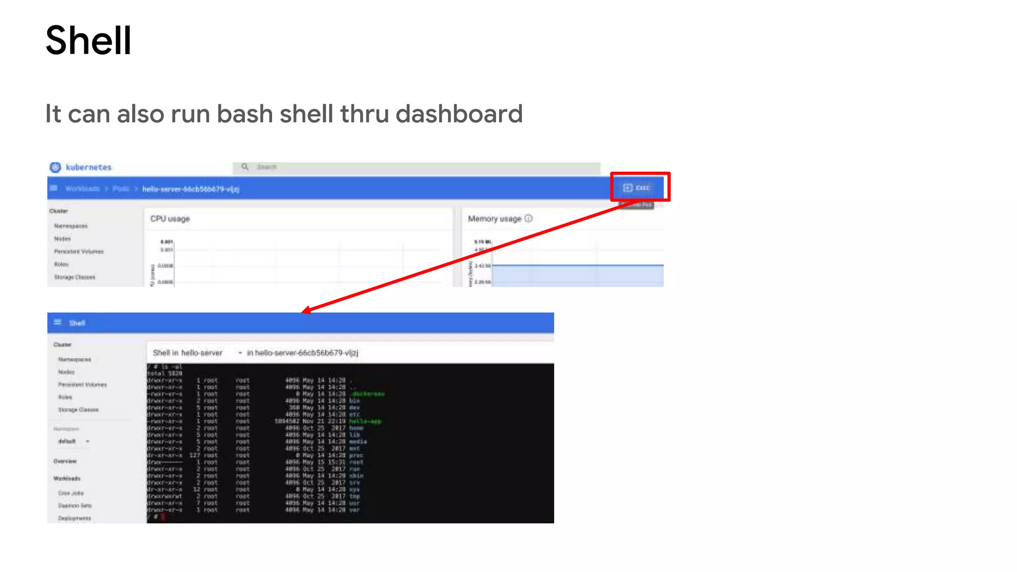 Shell
It can also run bash shell thru dashboard
 