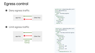 Egress control
● Deny egress traffic
app=foo Other Pod
● Limit egress traffic
app=foo Other Pod
UDP:53
TCP:53
 