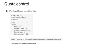 Quota control
● Define Resource Quota
Give resource limit to namespace
 