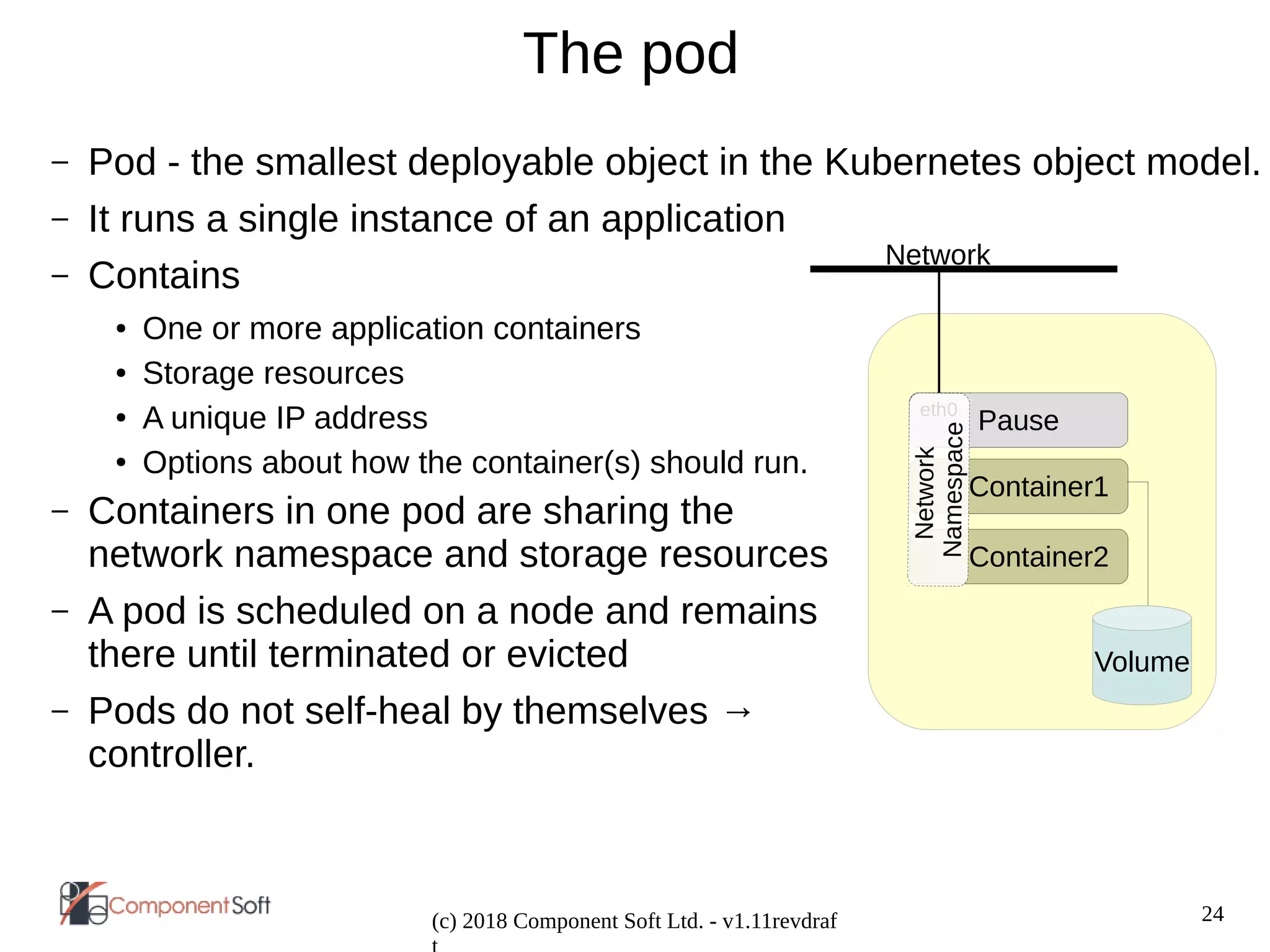 24
(c) 2018 Component Soft Ltd. - v1.11revdraf
The pod
– Pod - the smallest deployable object in the Kubernetes object model.
– It runs a single instance of an application
– Contains
● One or more application containers
● Storage resources
● A unique IP address
● Options about how the container(s) should run.
– Containers in one pod are sharing the
network namespace and storage resources
– A pod is scheduled on a node and remains
there until terminated or evicted
– Pods do not self-heal by themselves →
controller.
Volume
Pause
Container1
Container2
eth0
Network
Namesp
ace
Network
 