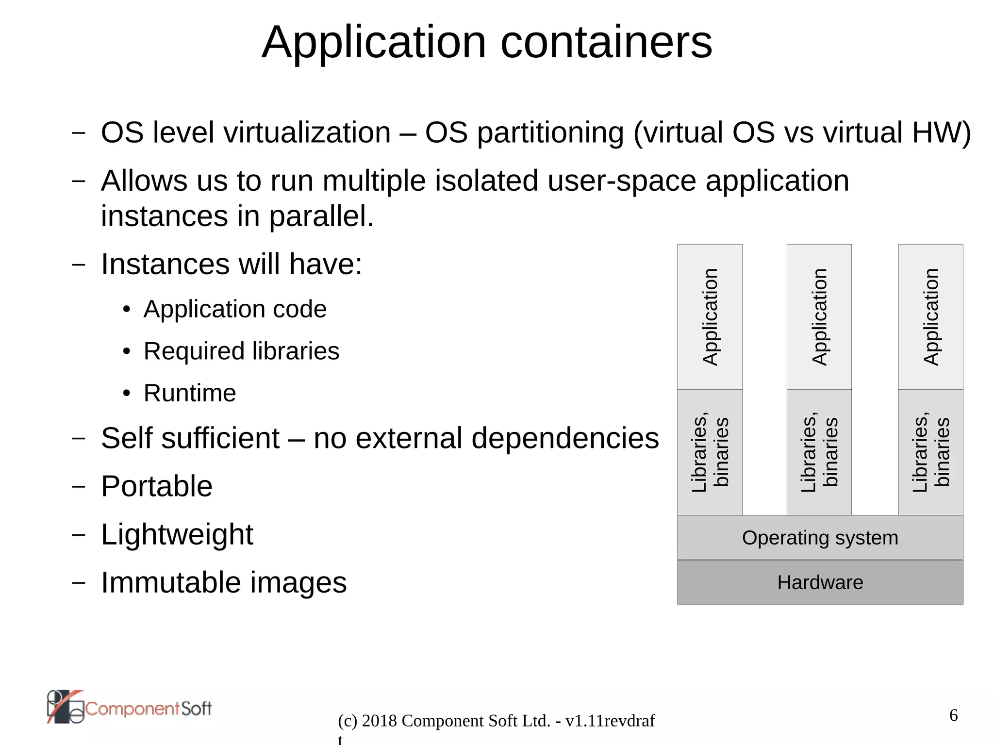 6
(c) 2018 Component Soft Ltd. - v1.11revdraf
Application containers
– OS level virtualization – OS partitioning (virtual OS vs virtual HW)
– Allows us to run multiple isolated user-space application
instances in parallel.
– Instances will have:
● Application code
● Required libraries
● Runtime
– Self sufficient – no external dependencies
– Portable
– Lightweight
– Immutable images Hardware
Operating system
Libraries,
binaries
Application
Libraries,
binaries
Application
Libraries,
binaries
Application
 