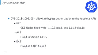 Page
CVE-2018-1002105
● CVE-2018-1002105 - allows to bypass authorization to the kubelet's APIs
● GKE
GKE Nodes fixed with - 1.10.9-gke.5, and 1.11.2-gke.18
● AKS
Fixed in version 1.11.5
● EKS
Fixed at 1.10.11.eks.3
 