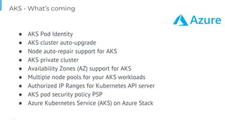 Page
● AKS Pod Identity
● AKS cluster auto-upgrade
● Node auto-repair support for AKS
● AKS private cluster
● Availability Zones (AZ) support for AKS
● Multiple node pools for your AKS workloads
● Authorized IP Ranges for Kubernetes API server
● AKS pod security policy PSP
● Azure Kubernetes Service (AKS) on Azure Stack
AKS - What’s coming
 