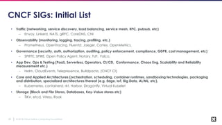 © 2018 Cloud Native Computing Foundation59
CNCF SIGs: Initial List
• Traffic (networking, service discovery, load balancing, service mesh, RPC, pubsub, etc)
– Envoy, Linkerd, NATS, gRPC, CoreDNS, CNI
• Observability (monitoring, logging, tracing, profiling, etc.)
– Prometheus, OpenTracing, Fluentd, Jaeger, Cortex, OpenMetrics,
• Governance (security, auth, authorization, auditing, policy enforcement, compliance, GDPR, cost management, etc)
– SPIFFE, SPIRE, Open Policy Agent, Notary, TUF, Falco,
• App Dev, Ops & Testing (PaaS, Serverless, Operators, CI/CD, Conformance, Chaos Eng, Scalability and Reliability
measurement etc.)
– Helm, CloudEvents, Telepresence, Buildpacks, (CNCF CI)
• Core and Applied Architectures (orchestration, scheduling, container runtimes, sandboxing technologies, packaging
and distribution, specialized architectures thereof (e.g. Edge, IoT, Big Data, AI/ML, etc).
– Kubernetes, containerd, rkt, Harbor, Dragonfly, Virtual Kubelet
• Storage (Block and File Stores, Databases, Key-Value stores etc)
– TiKV, etcd, Vitess, Rook
 