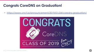 © 2018 Cloud Native Computing Foundation63
Congrats CoreDNS on Graduation!
• https://www.cncf.io/announcement/2019/01/24/coredns-graduation/
 