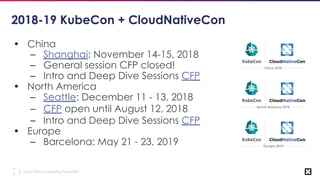 Cloud Native Computing Foundation
11
3
2018-19 KubeCon + CloudNativeCon
• China
– Shanghai: November 14-15, 2018
– General session CFP closed!
– Intro and Deep Dive Sessions CFP
• North America
– Seattle: December 11 - 13, 2018
– CFP open until August 12, 2018
– Intro and Deep Dive Sessions CFP
• Europe
– Barcelona: May 21 - 23, 2019
 