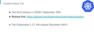 Page
● The third release in 2018!!! September 28th
● Release link: https://github.com/kubernetes/kubernetes/releases
● The Kubernetes 1.13, 4th release December 4th!!!
Kubernetes 1.12
 