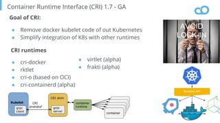 Page
Container Runtime Interface (CRI) 1.7 - GA
36
AVOID
LOCK-IN
Goal of CRI:
● Remove docker kubelet code of out Kubernetes
● Simplify integration of K8s with other runtimes
CRI runtimes
● cri-docker
● rktlet
● cri-o (based on OCI)
● cri-containerd (alpha)
● virtlet (alpha)
● frakti (alpha)
 