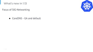 Page
Focus of SIG-Networking
● CoreDNS - GA and default
What’s new in 1.13
 